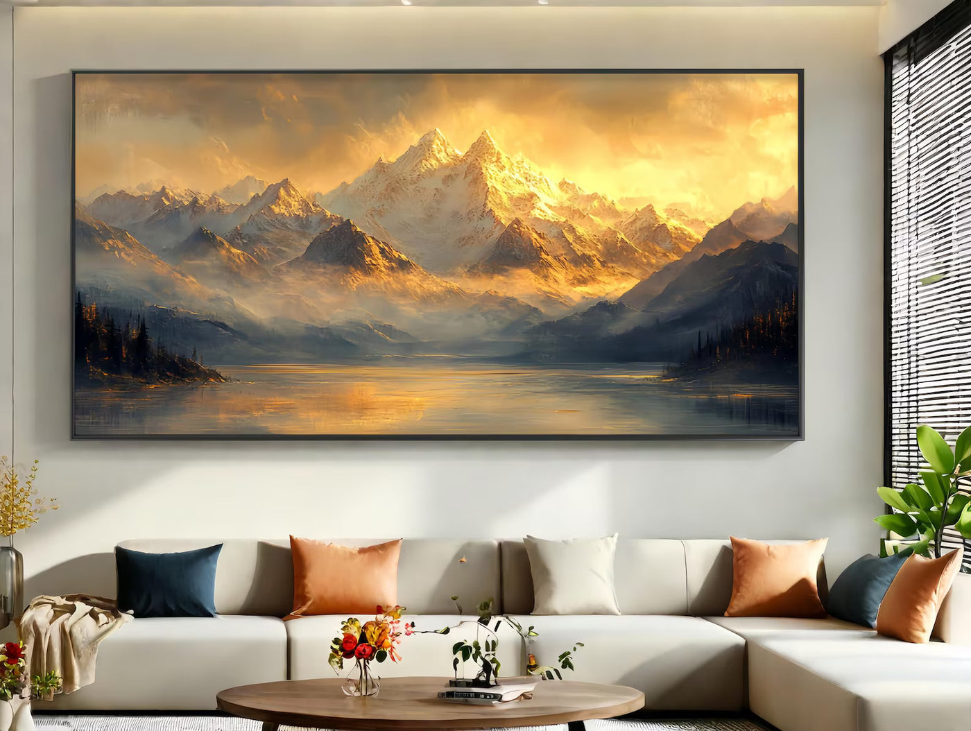 Coastal Sunset Golden Mountain Painting Large Snow